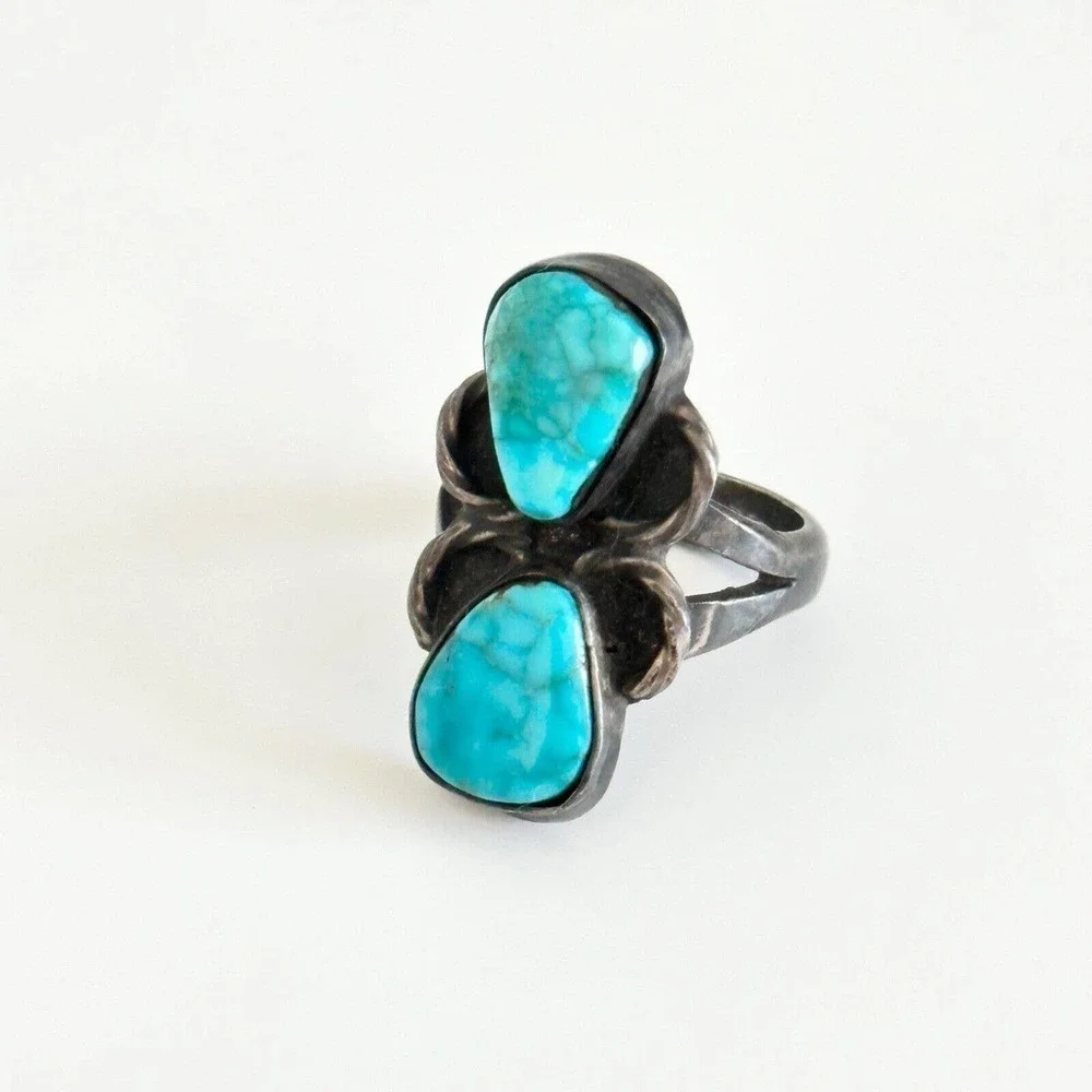 Vintage 925 Sterling Silver Turquoise Oxidized Darkened Band Ring Size 5.5